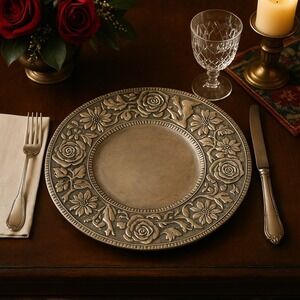 VTG 90s Wilton Armetale Garden Path Charger Plate Floral Bird Embossed Metal USA